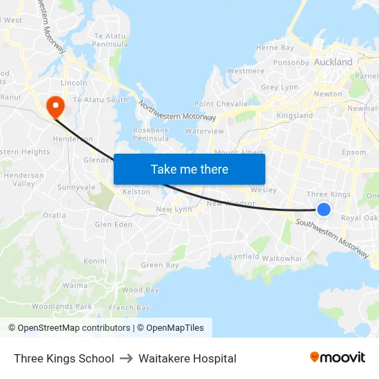 Three Kings School to Waitakere Hospital map