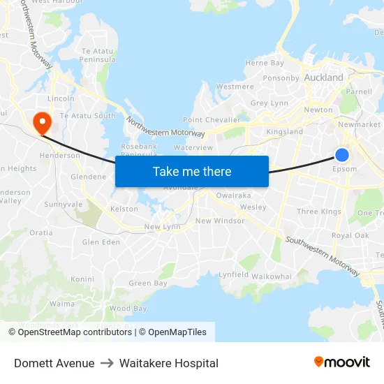Domett Avenue to Waitakere Hospital map