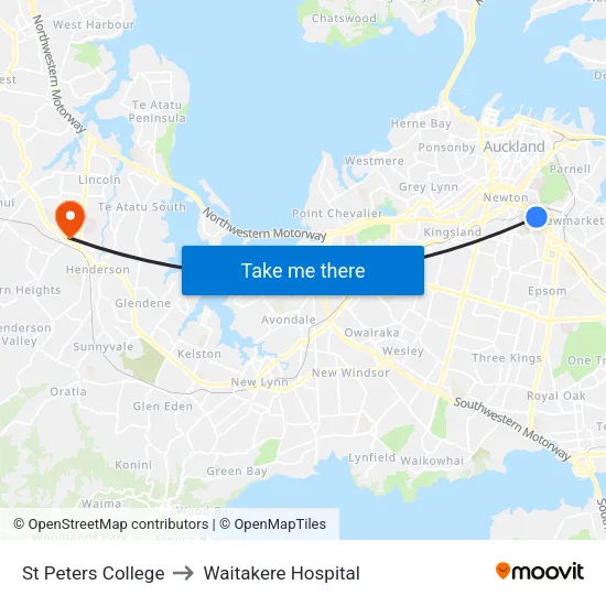 St Peters College to Waitakere Hospital map