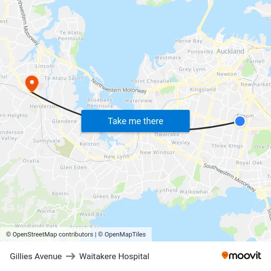 Gillies Avenue to Waitakere Hospital map
