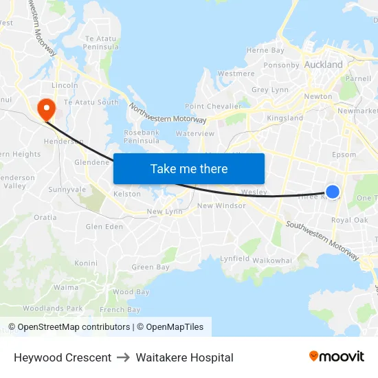 Heywood Crescent to Waitakere Hospital map