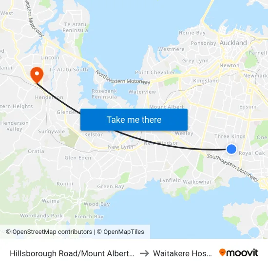 Hillsborough Road/Mount Albert Road to Waitakere Hospital map