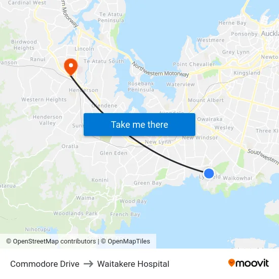 Commodore Drive to Waitakere Hospital map