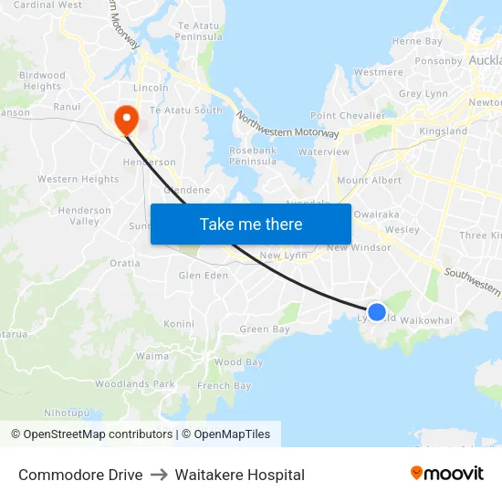 Commodore Drive to Waitakere Hospital map