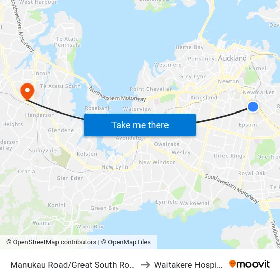 Manukau Road/Great South Road to Waitakere Hospital map