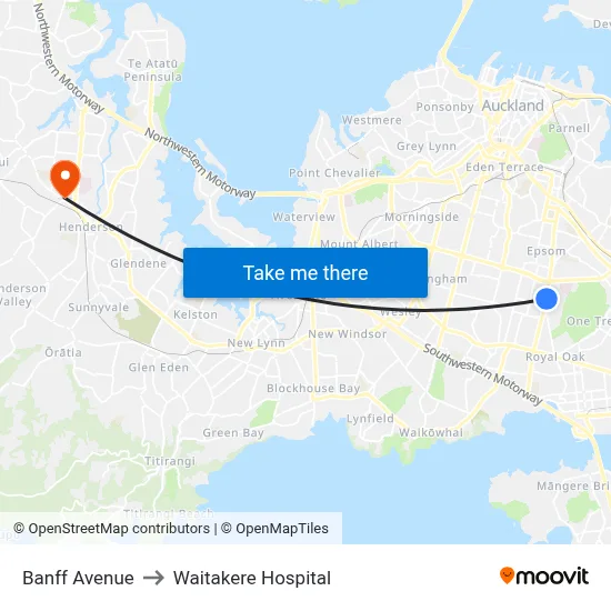 Banff Avenue to Waitakere Hospital map