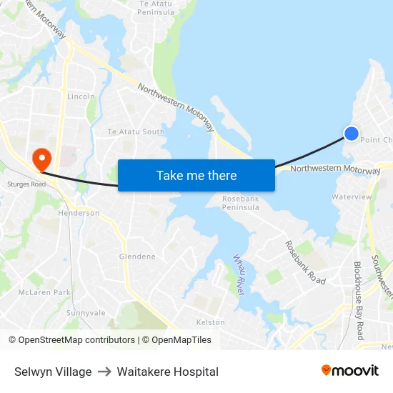 Selwyn Village to Waitakere Hospital map
