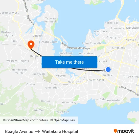 Beagle Avenue to Waitakere Hospital map