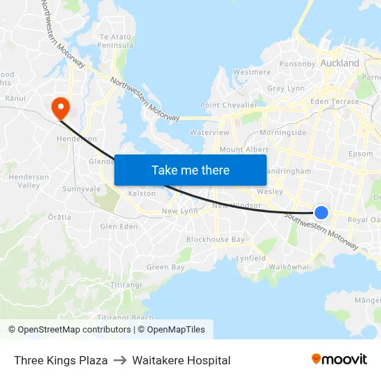 Three Kings Plaza to Waitakere Hospital map