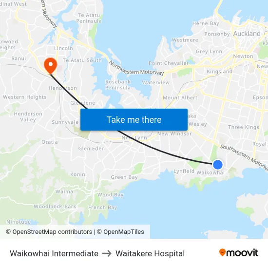 Waikowhai Intermediate to Waitakere Hospital map