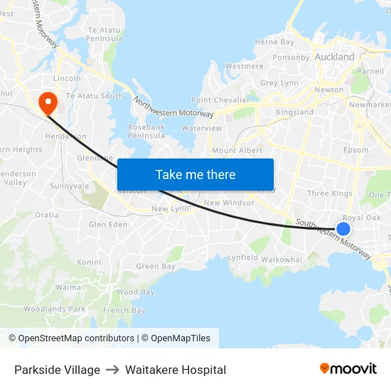 Parkside Village to Waitakere Hospital map