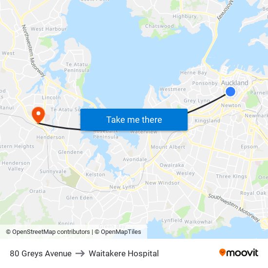 80 Greys Avenue to Waitakere Hospital map