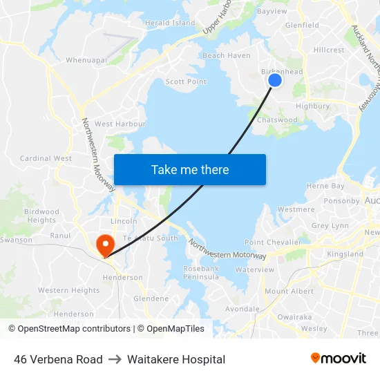 46 Verbena Road to Waitakere Hospital map