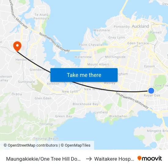 Maungakiekie/One Tree Hill Domain to Waitakere Hospital map