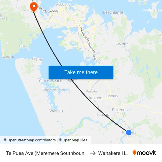 Te Puea Ave, Meremere (Southbound) (Hail2ride) to Waitakere Hospital map