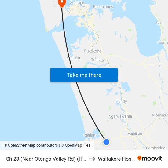 Sh 23, Raglan (Near Otonga Valley Rd) (Hail2ride) to Waitakere Hospital map
