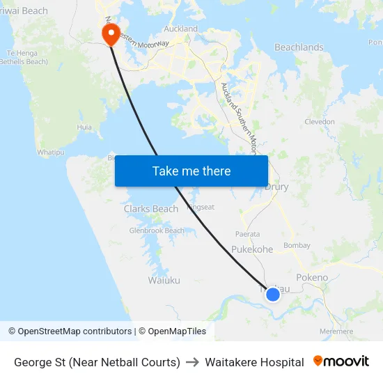 George St, Tuakau (Near Netball Courts) to Waitakere Hospital map