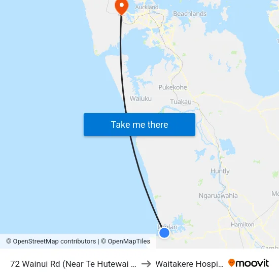 72 Wainui Rd, Raglan (Near Te Hutewai Rd) to Waitakere Hospital map