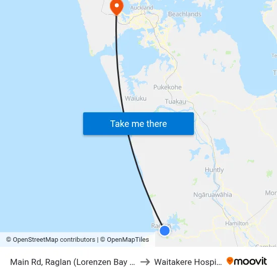Main Rd, Raglan (Lorenzen Bay Rd) to Waitakere Hospital map