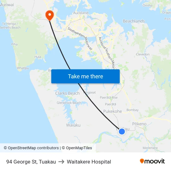94 George St, Tuakau to Waitakere Hospital map