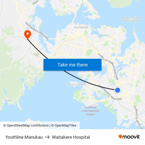 Youthline Manukau to Waitakere Hospital map