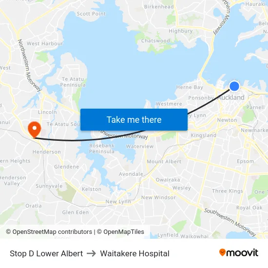 Stop D Lower Albert to Waitakere Hospital map