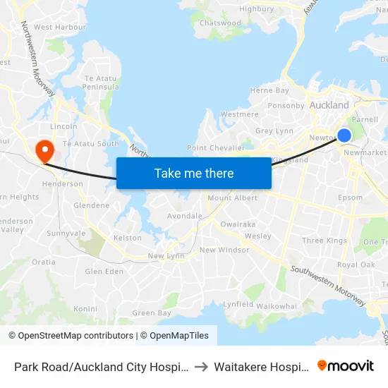 Park Road/Auckland City Hospital to Waitakere Hospital map
