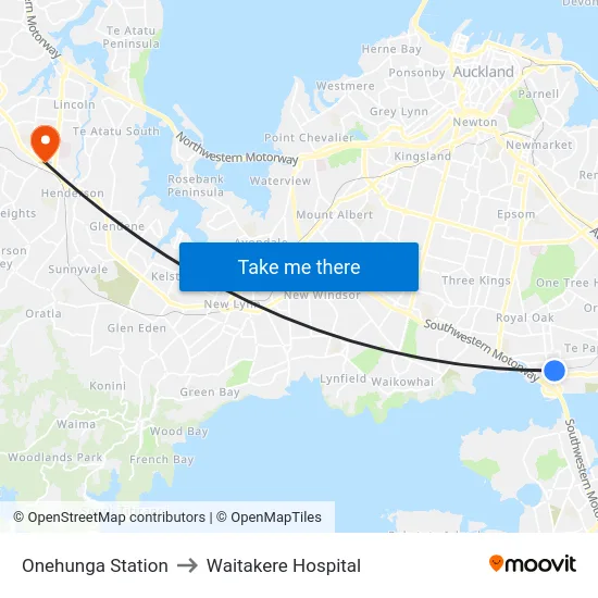 Onehunga Station to Waitakere Hospital map