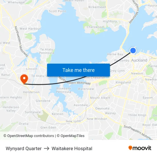 Wynyard Quarter to Waitakere Hospital map