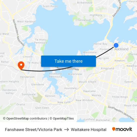 Fanshawe Street/Victoria Park to Waitakere Hospital map