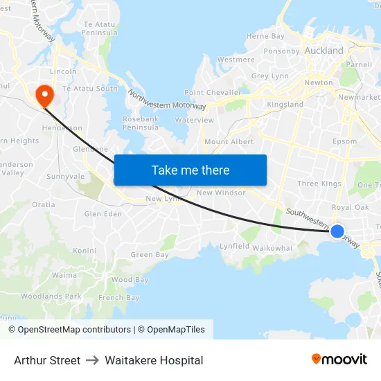 Arthur Street to Waitakere Hospital map