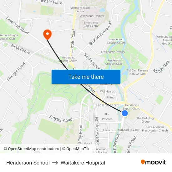 Henderson School to Waitakere Hospital map