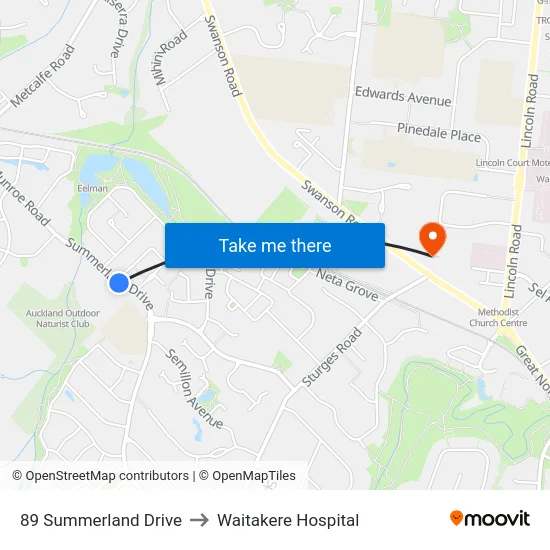 89 Summerland Drive to Waitakere Hospital map