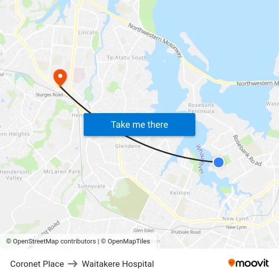 Coronet Place to Waitakere Hospital map