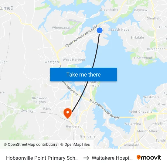 Hobsonville Point Primary School to Waitakere Hospital map