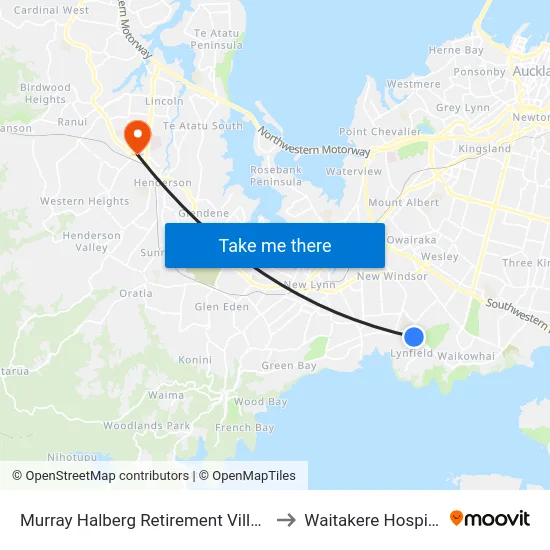 Murray Halberg Retirement Village to Waitakere Hospital map