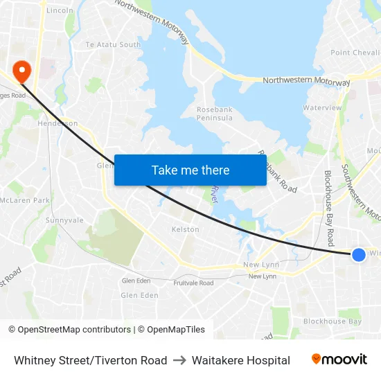 Whitney Street/Tiverton Road to Waitakere Hospital map