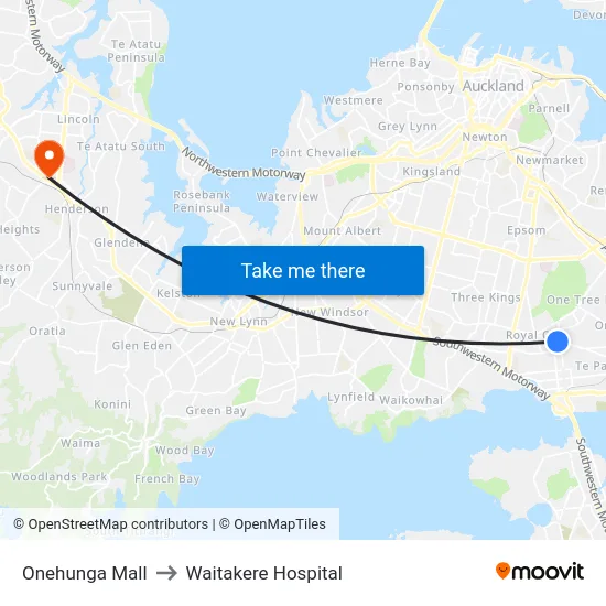 Onehunga Mall to Waitakere Hospital map