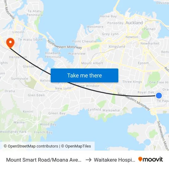 Mount Smart Road/Moana Avenue to Waitakere Hospital map