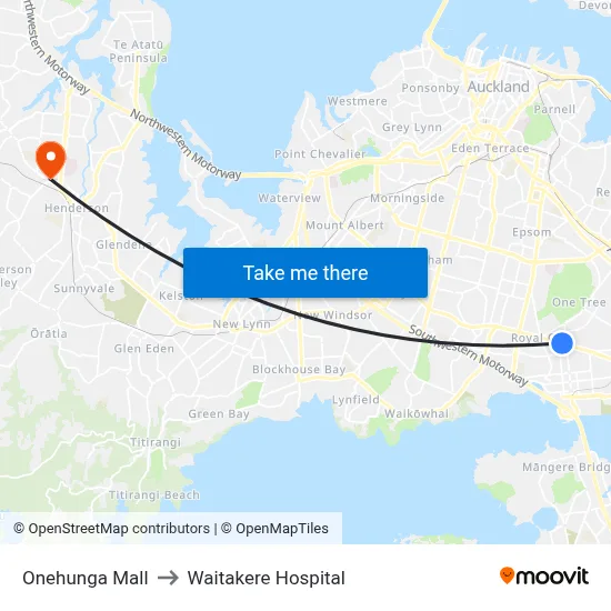 Onehunga Mall to Waitakere Hospital map