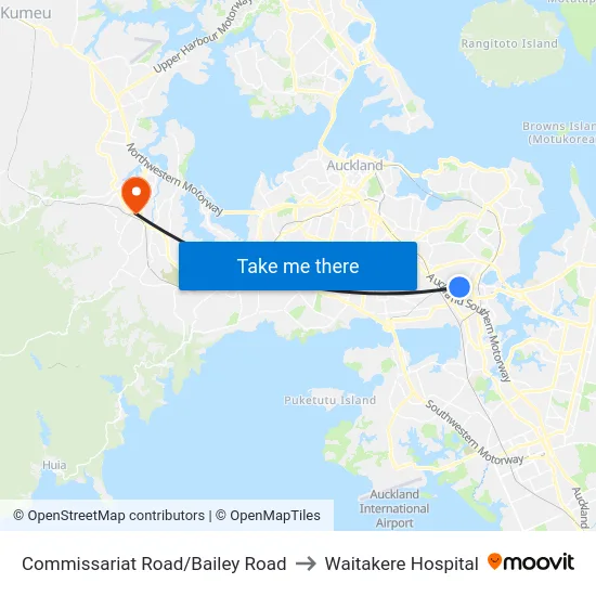 Commissariat Road/Bailey Road to Waitakere Hospital map