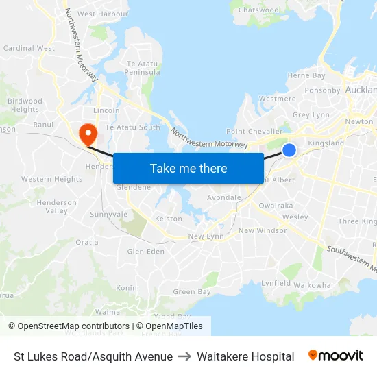 St Lukes Road/Asquith Avenue to Waitakere Hospital map