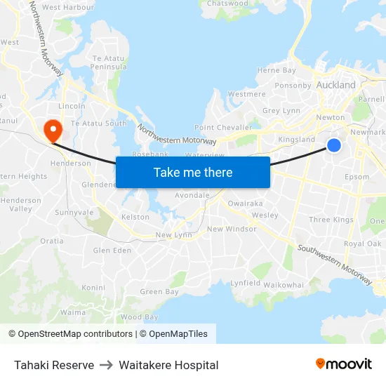 Tahaki Reserve to Waitakere Hospital map