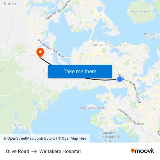 Olive Road to Waitakere Hospital map