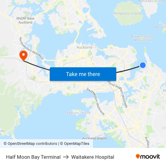 Half Moon Bay Terminal to Waitakere Hospital map