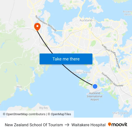 New Zealand School Of Tourism to Waitakere Hospital map