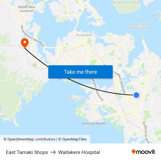 East Tamaki Shops to Waitakere Hospital map