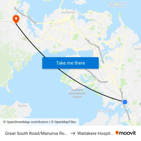 Great South Road/Manuroa Road to Waitakere Hospital map