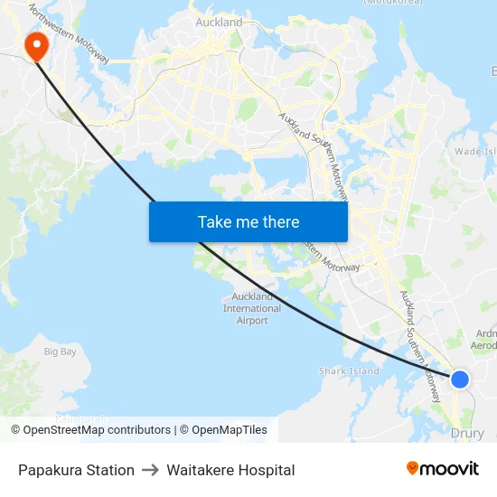 Papakura Station to Waitakere Hospital map