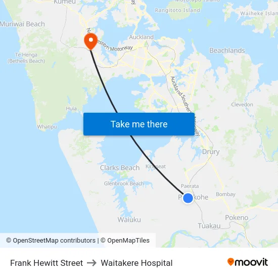 Frank Hewitt Street to Waitakere Hospital map